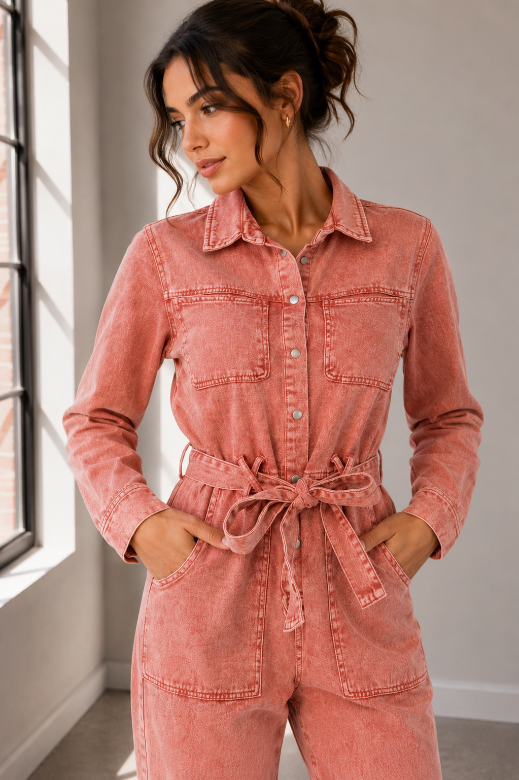 Dusty Rose Washed Denim Utility Jumpsuit