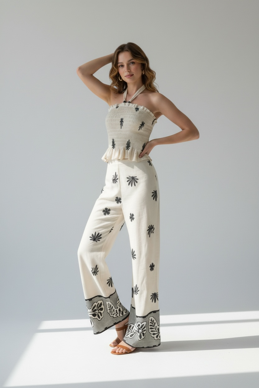 Lana Ivory Embroidered Cotton Smocked Two-Piece Pant Set