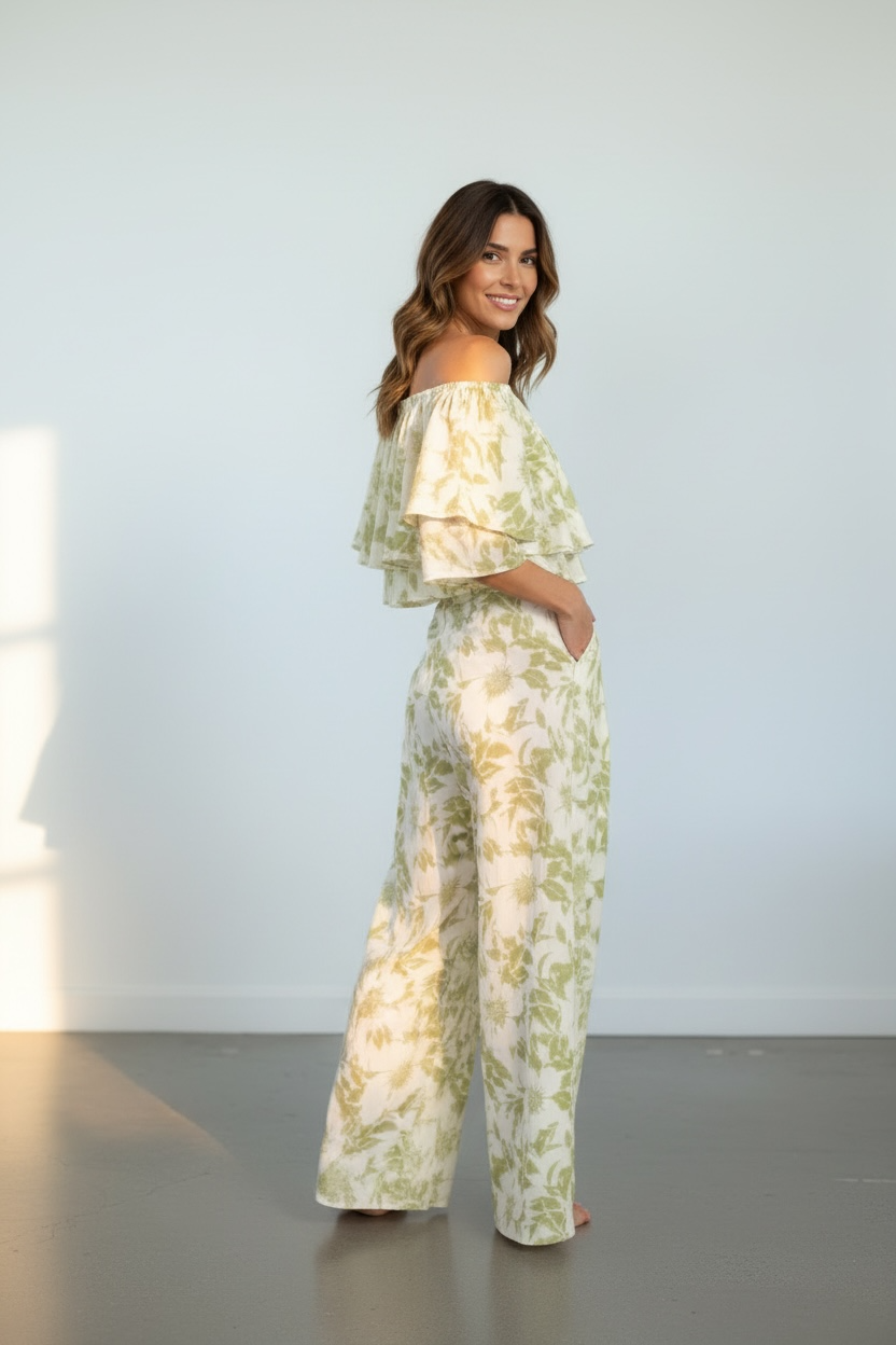 Sage Breeze Off-Shoulder Wide Leg Set