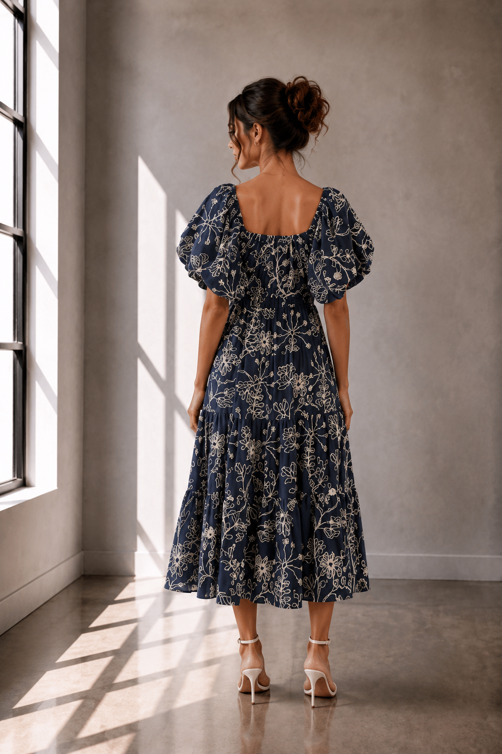 Midnight Bloom Puff Sleeve Midi Dress