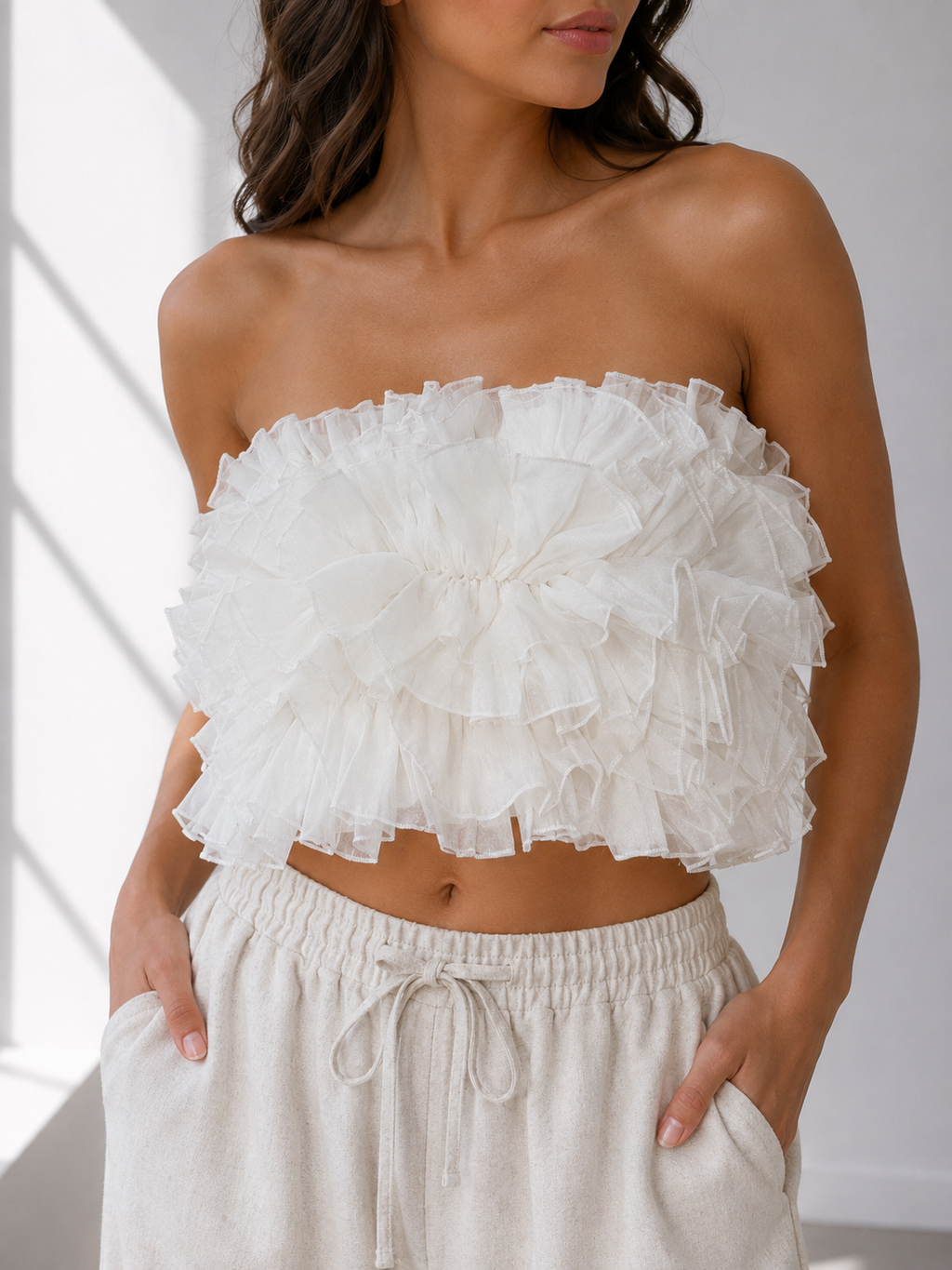 Cloud Bloom Ruffle Strapless Top