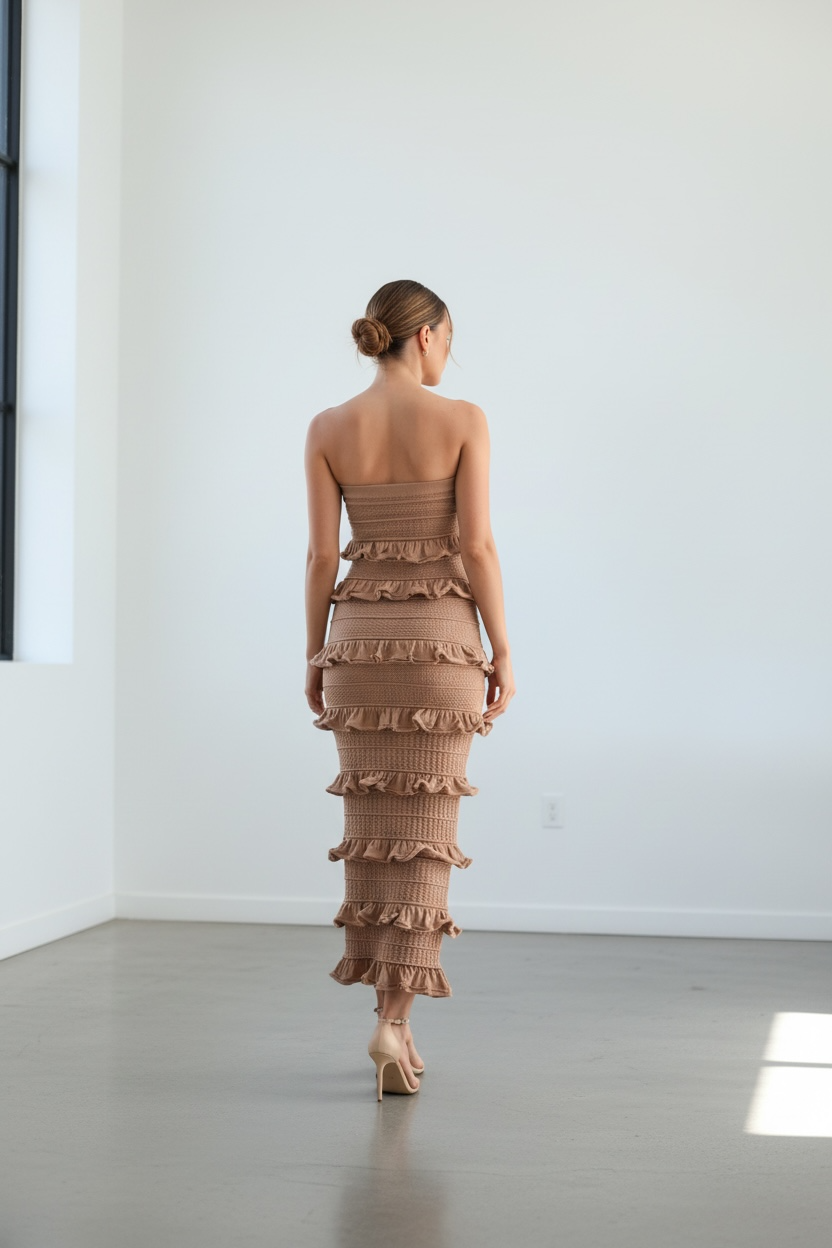 Amara Mocha Strapless Ruffle Knit Midi Dress