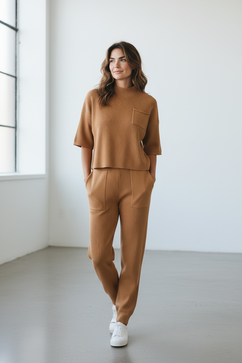 In My Element Knit Short Sleeve Top And Jogger Pants Set in brown