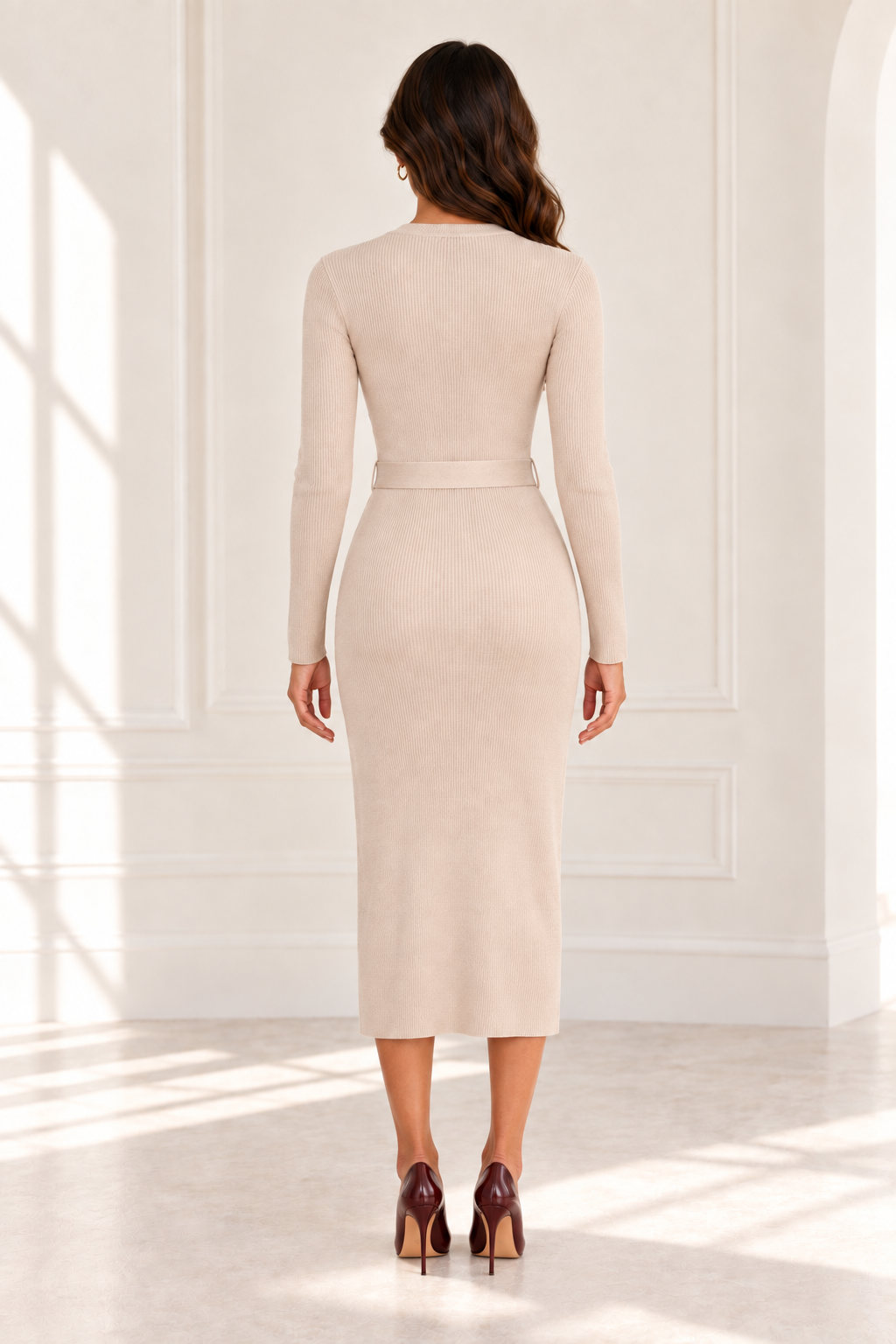Beige Contrast-Trim Belted Midi Knit Dress