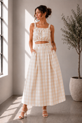 Marleny Sunwashed Gingham Crop Top & Maxi Skirt Set in Taupe