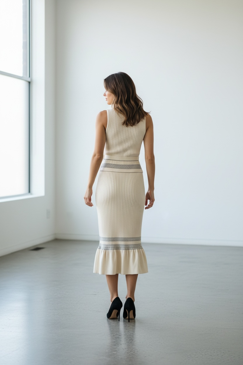 Luna Ivory Ribbed Knit Midi Dress with Waist Tie