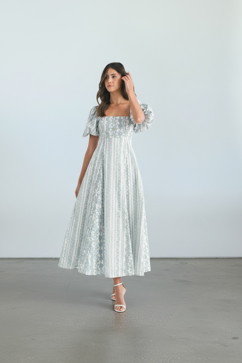 Lusy Floral Print Puff Sleeve Square Neck Midi Dress