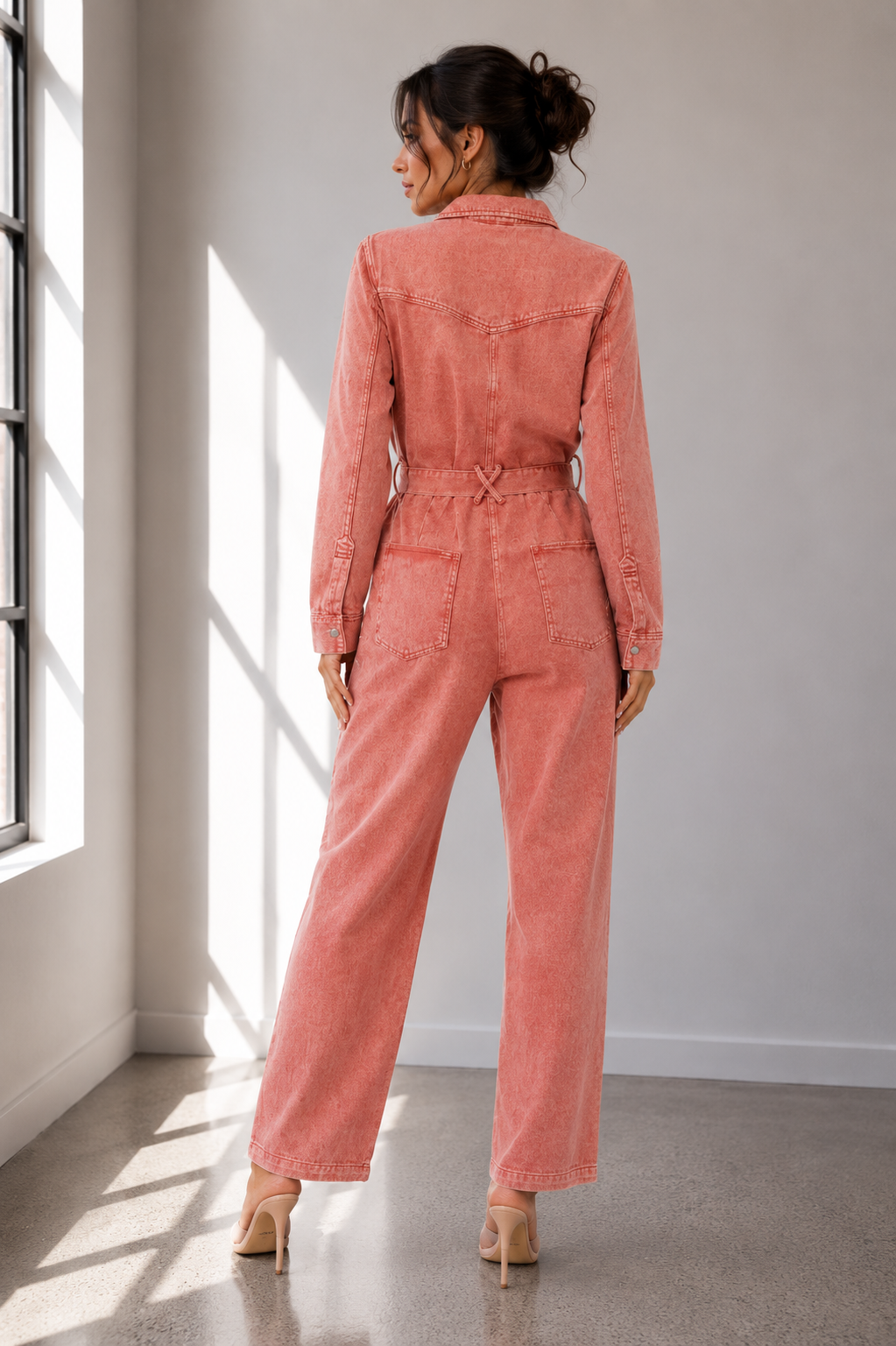 Dusty Rose Washed Denim Utility Jumpsuit