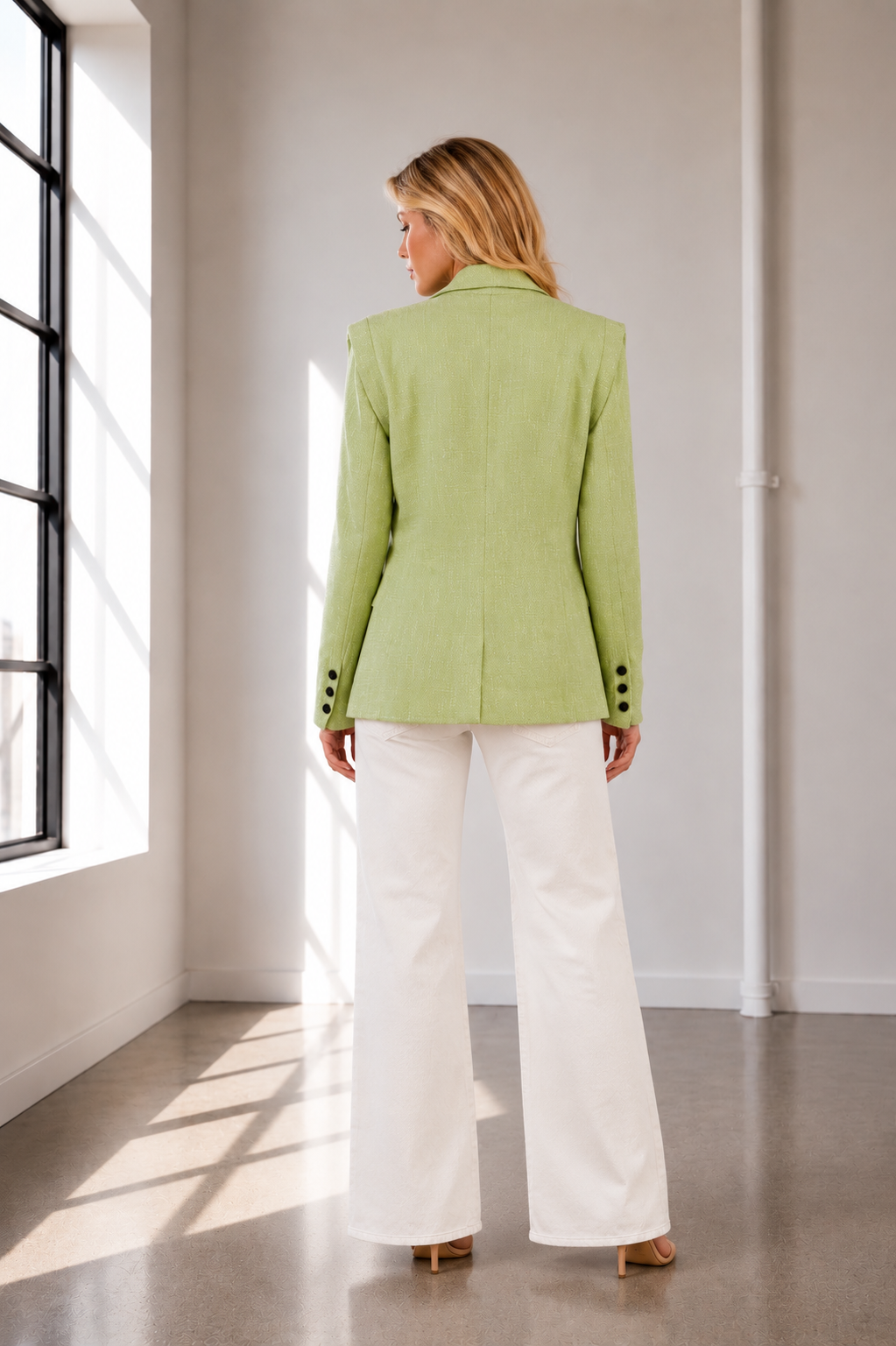 Pistachio Open Front Shoulder Detaild Green Tailored Blazer