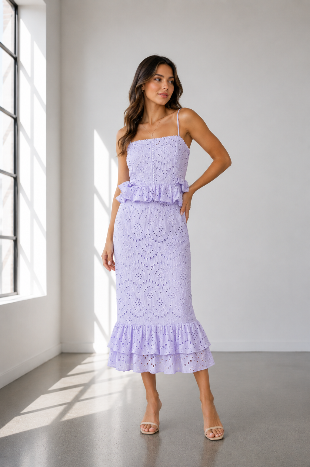 Sleeveless Lavender Eyelet Midi Dress with Ruffle Hem