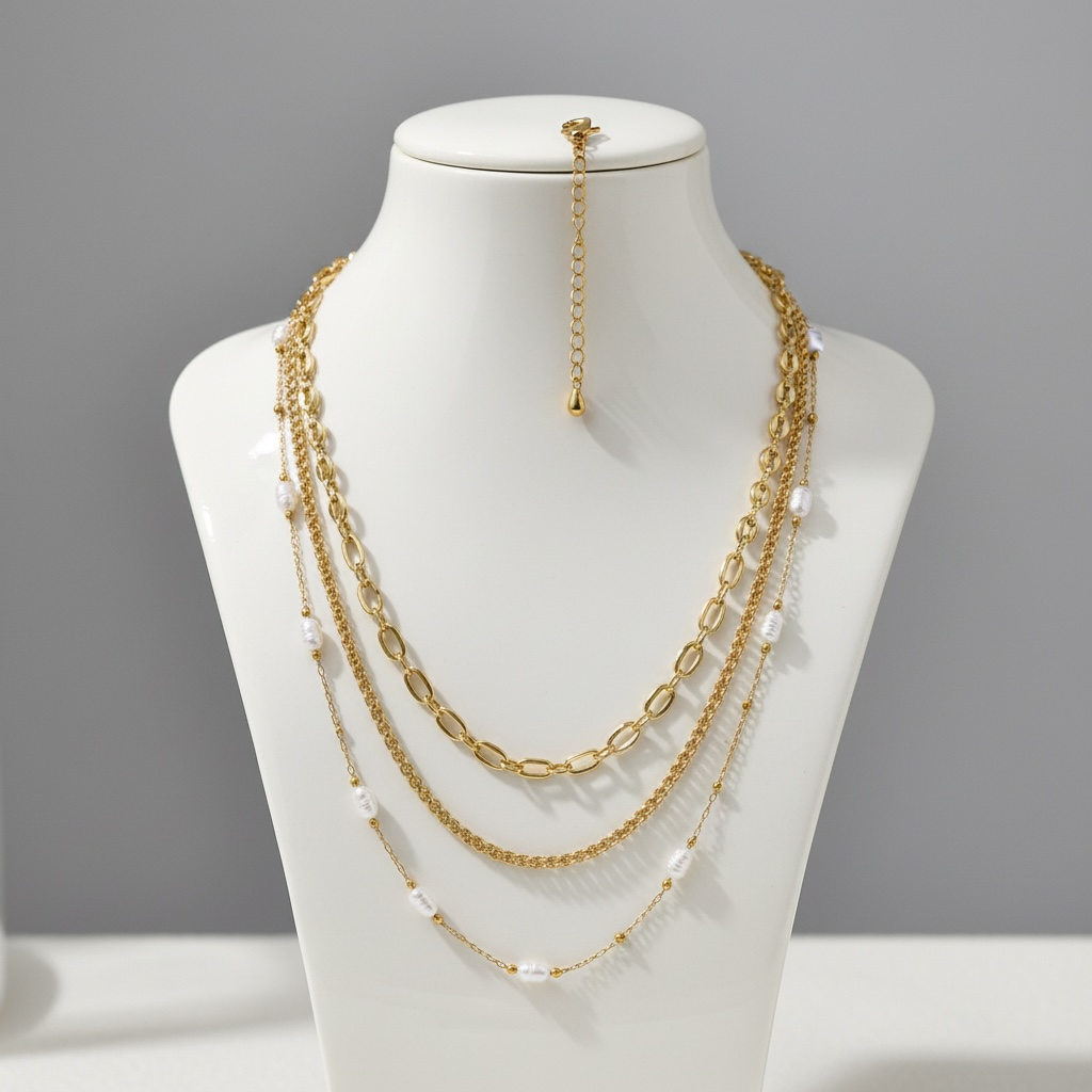 Gold Layered Pearl Chain Necklace