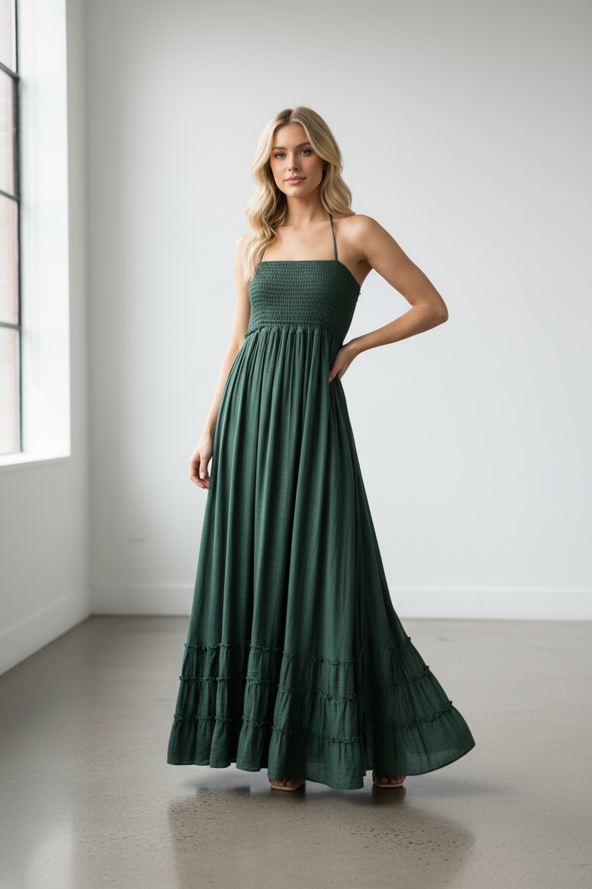 Una Emerald Breeze Smocked Maxi Dress