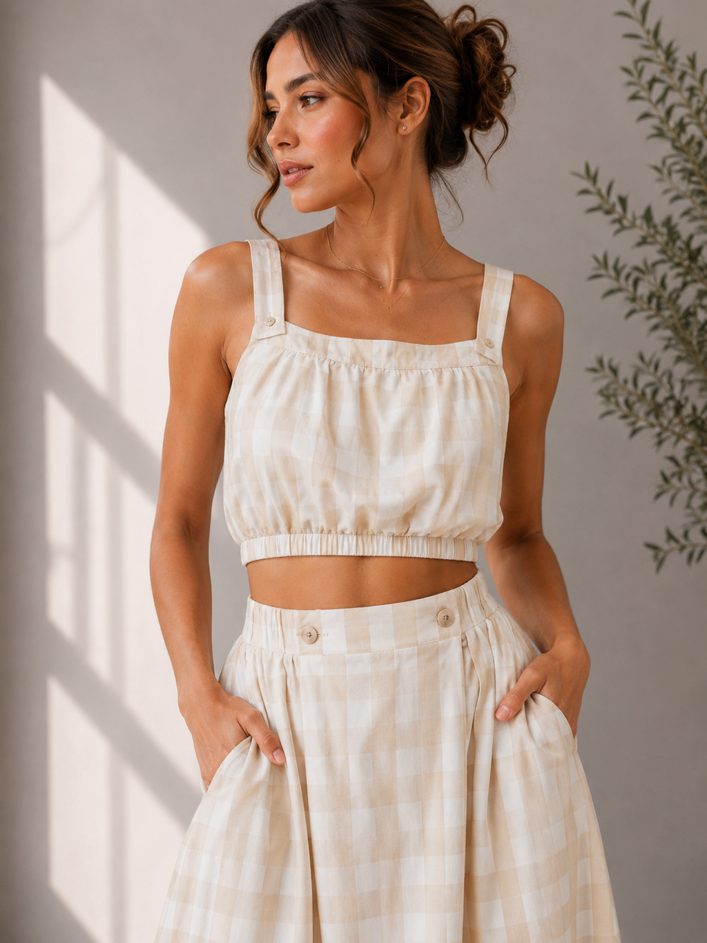 Marleny Sunwashed Gingham Crop Top & Maxi Skirt Set in Taupe
