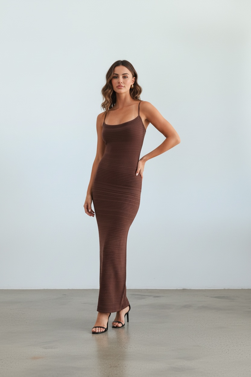 Sculpted Glitter Textured Sleeveless Maxi Dress Chocolate Brown