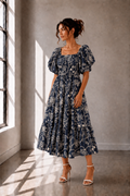 Midnight Bloom Puff Sleeve Midi Dress
