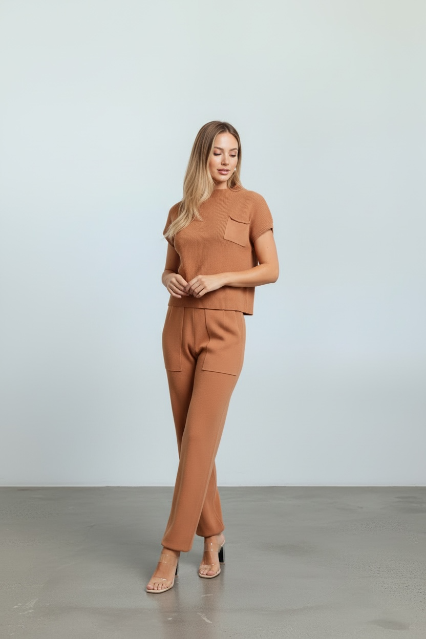 In My Element Knit Short Sleeve Top And Jogger Pants Set in brown