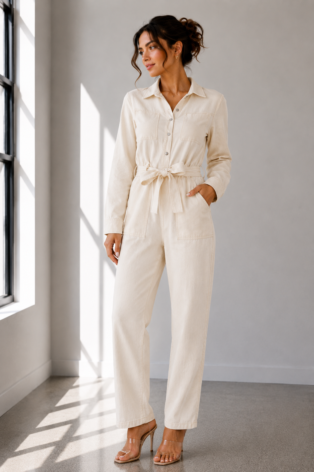 Ivory Utility Tie-Waist Denim Jumpsuit