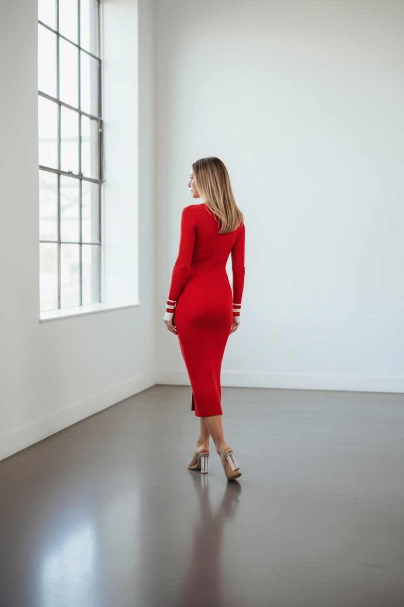Polo Ribbed Knit Long Sleeve Dress – Classic Red