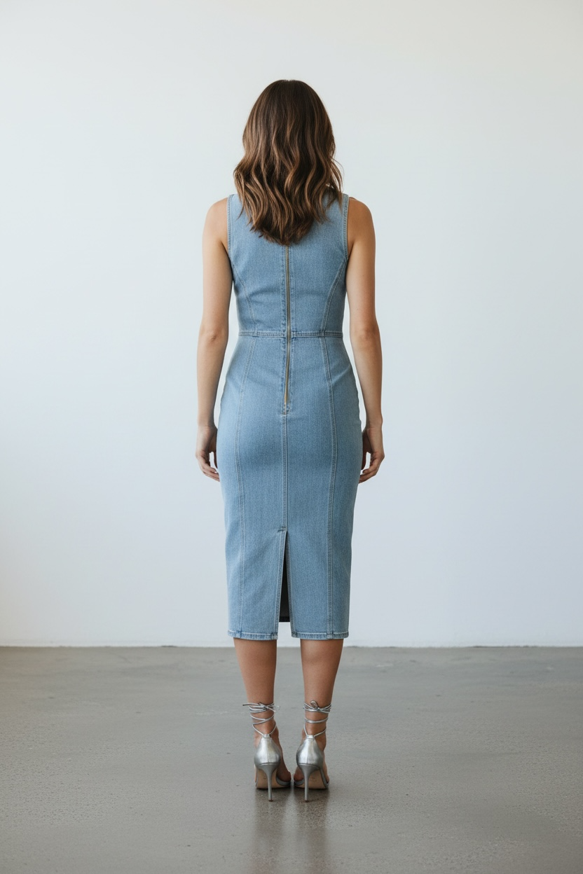 Denim Sculpt Midi Dress with Back Slit in Light Wash