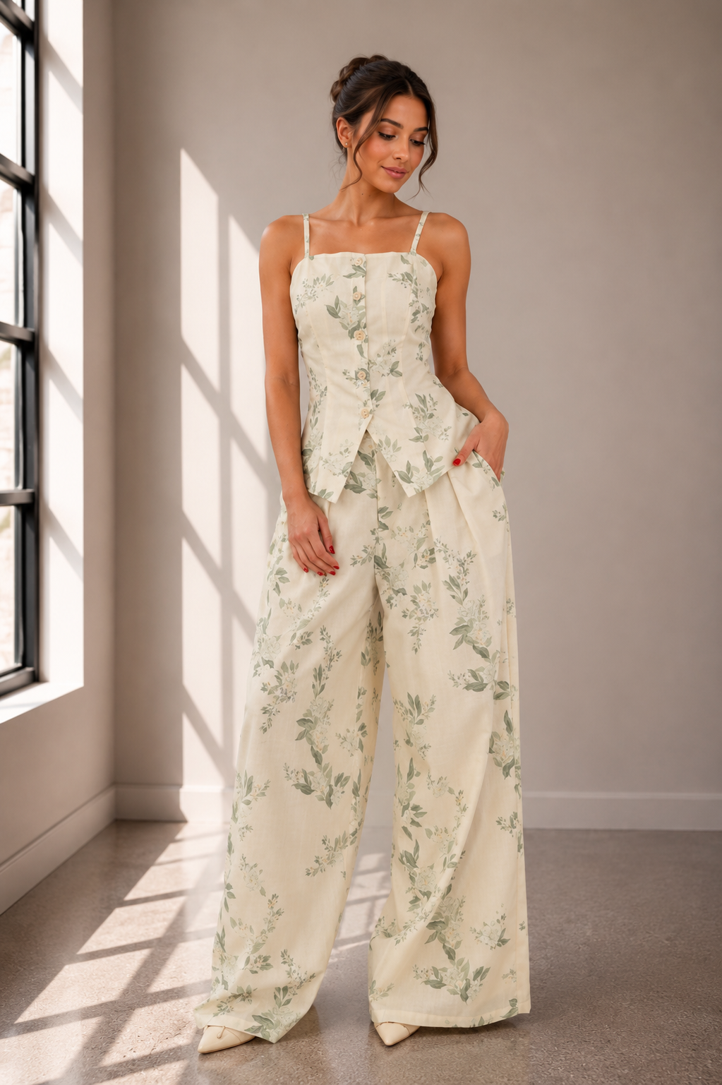 Sage Bloom Floral Wide Leg Two Piece Set