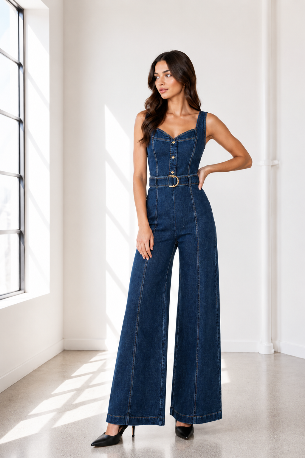 Indigo Hour Wide Leg Belted Denim Jumpsuit