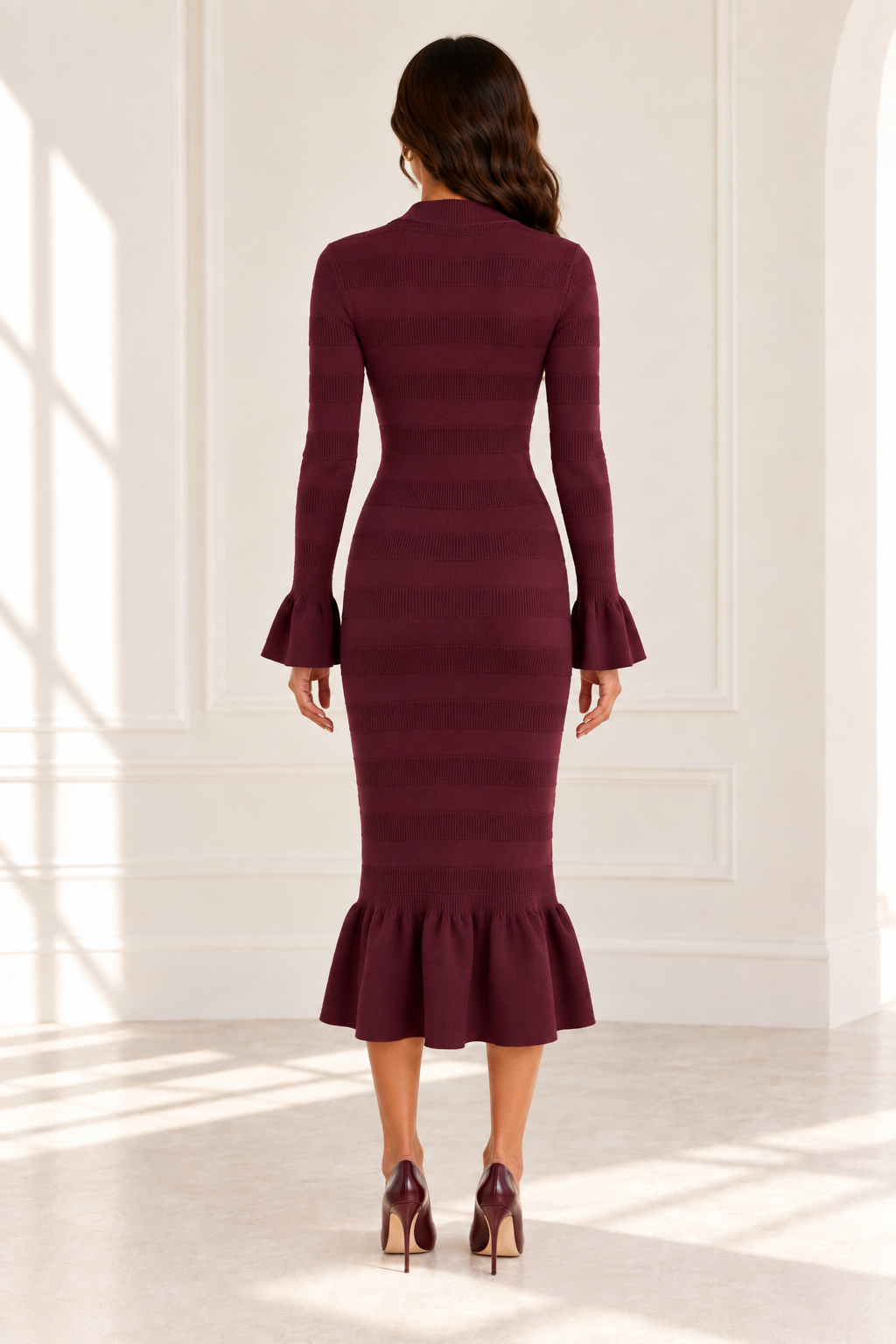 Burgundy Studded Ruffle-Hem Midi Knit Dress