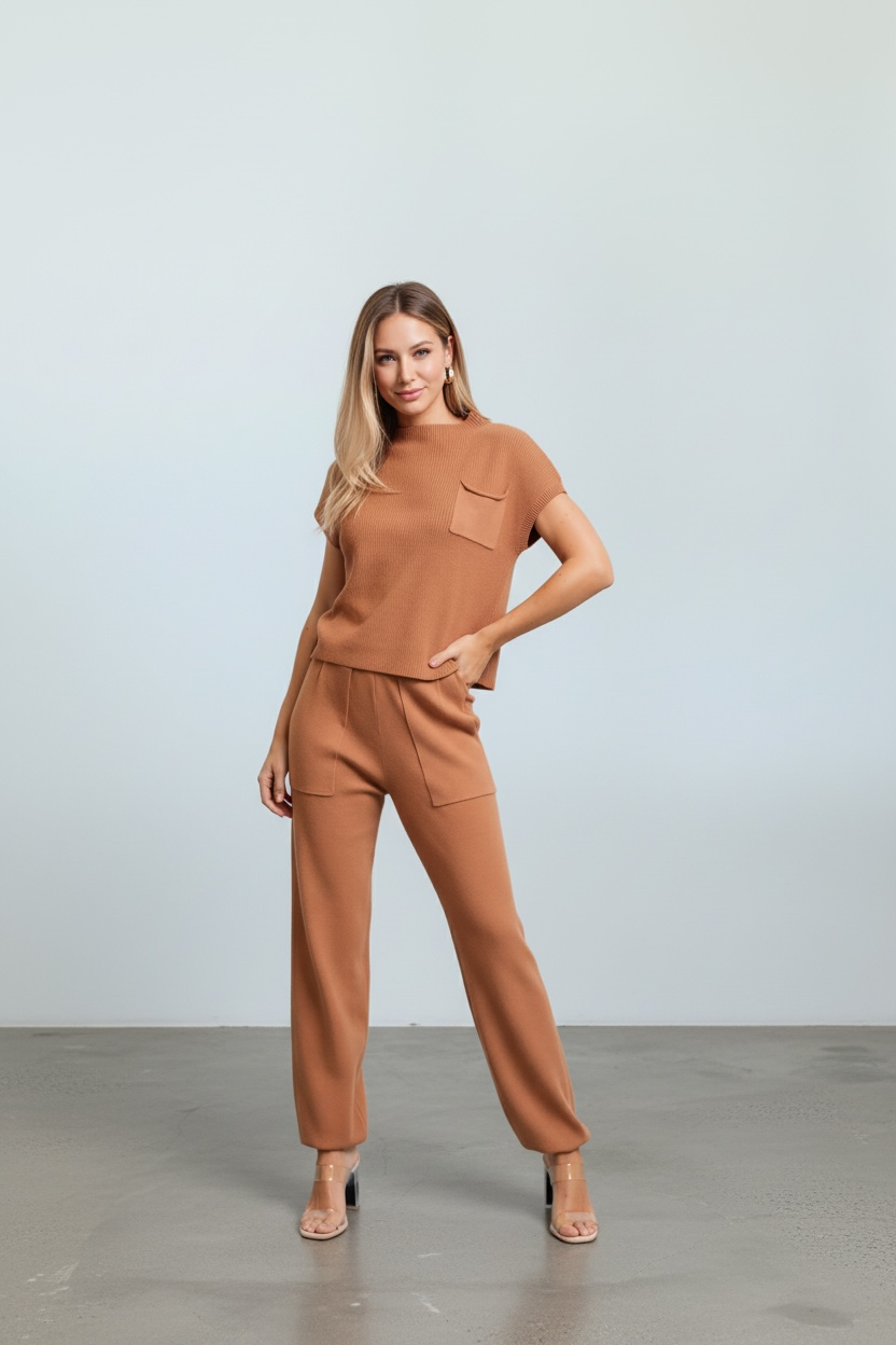In My Element Knit Short Sleeve Top And Jogger Pants Set in brown