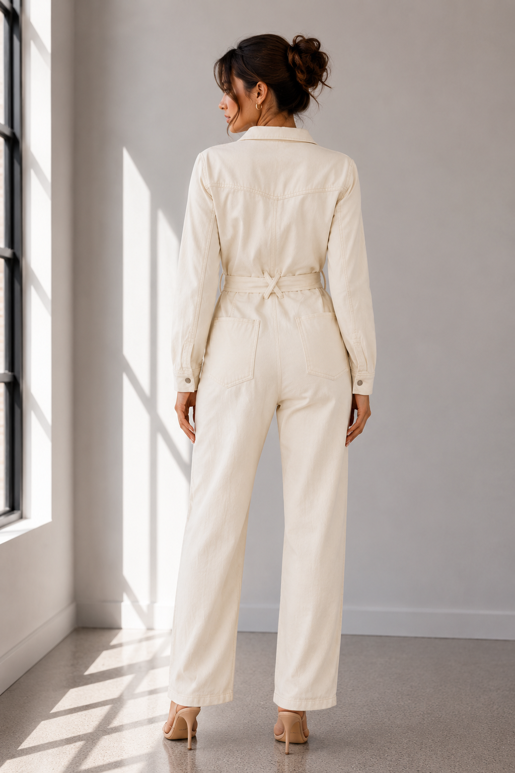 Ivory Utility Tie-Waist Denim Jumpsuit