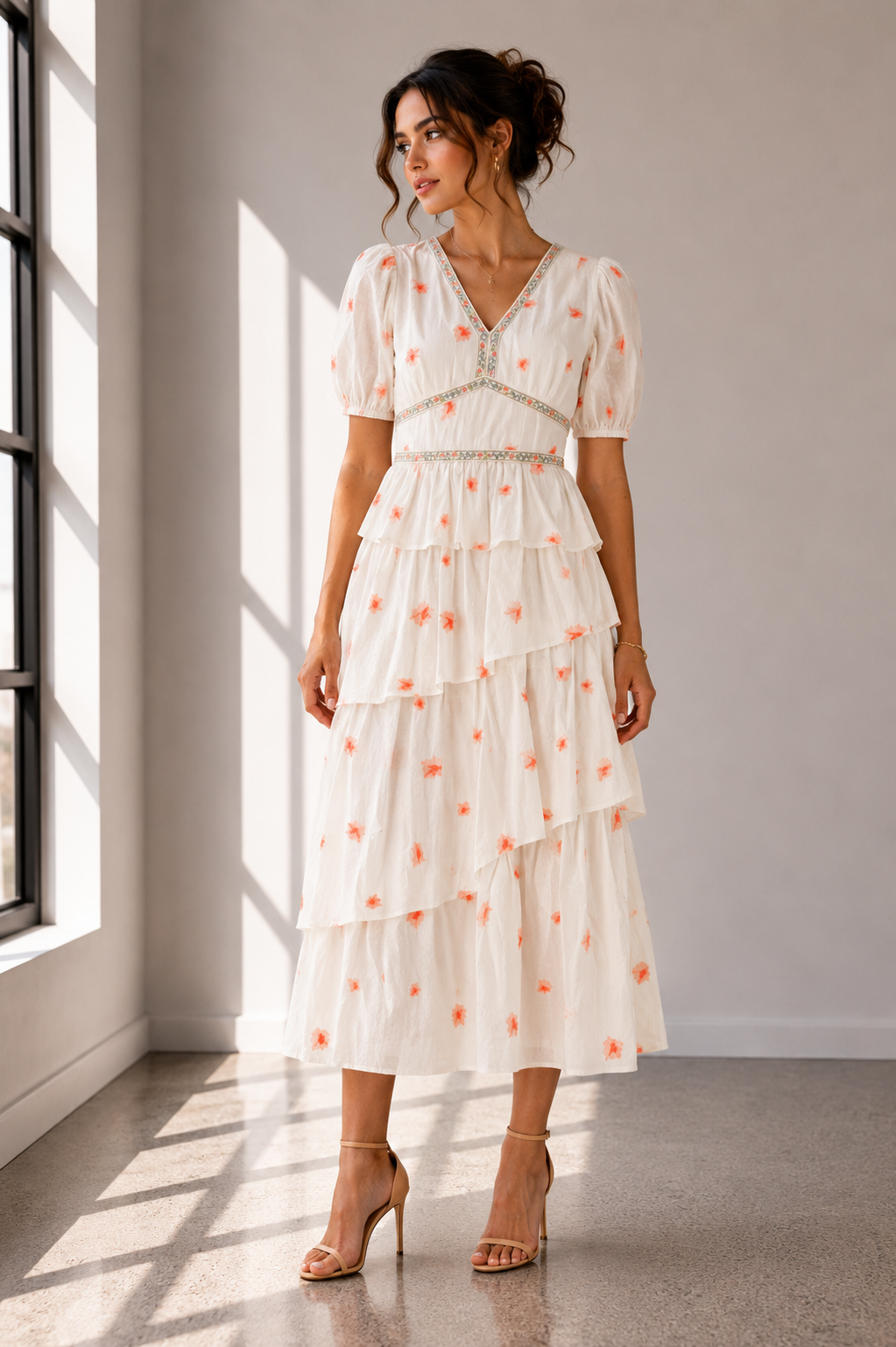 Peach Blossom Tiered Midi Dress