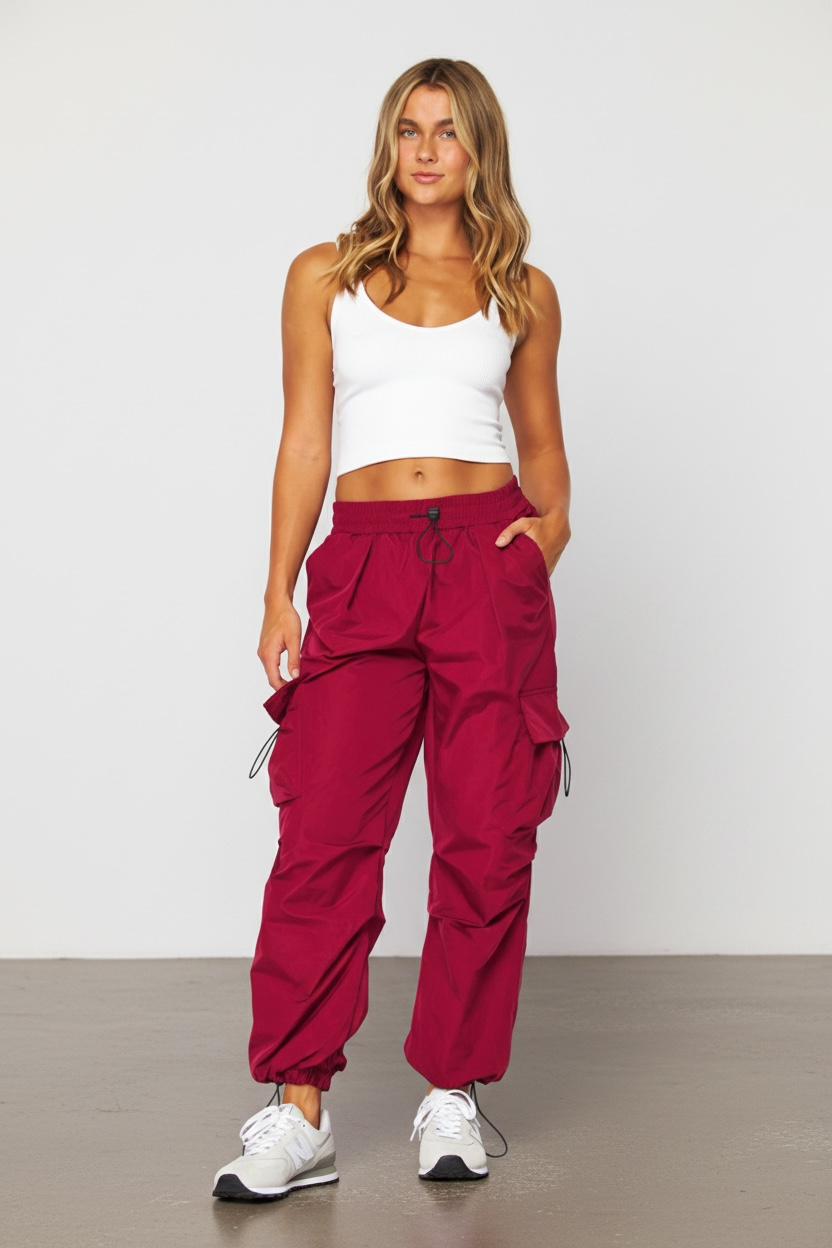 Parachute Ruched Cargo Jogger Pants in Berry