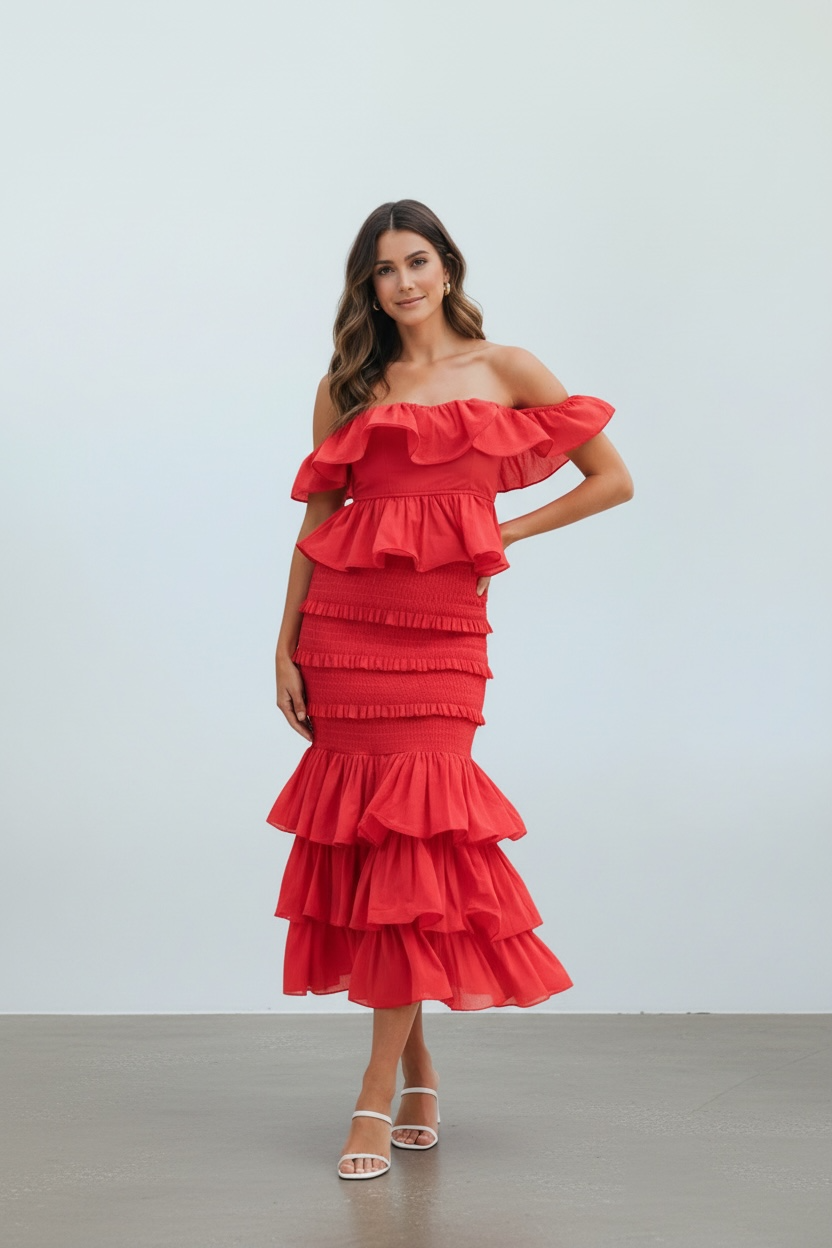 Scarlet Ruffle Off-Shoulder Two-Piece Skirt Set