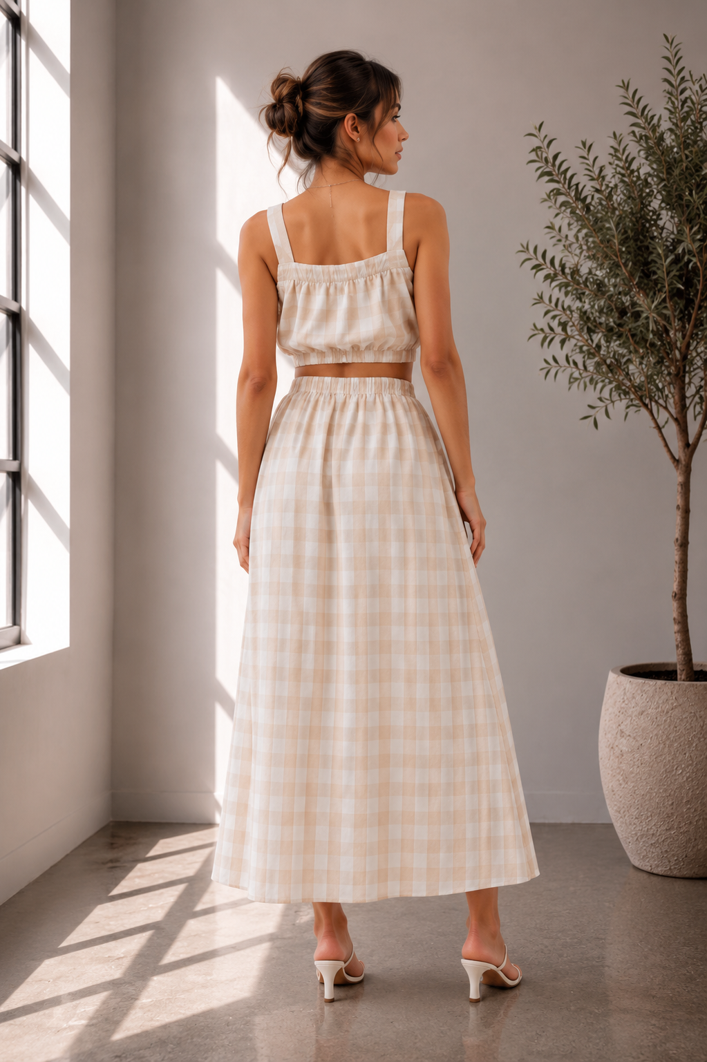 Marleny Sunwashed Gingham Crop Top & Maxi Skirt Set in Taupe