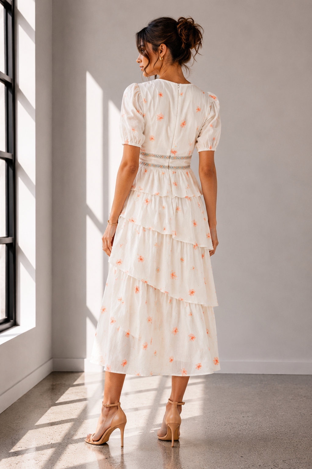 Peach Blossom Tiered Midi Dress