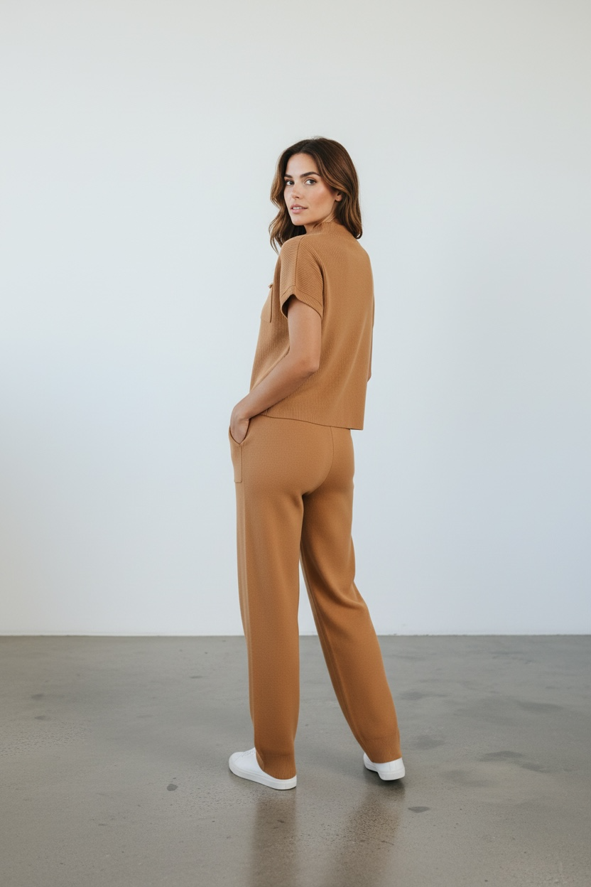In My Element Knit Short Sleeve Top And Jogger Pants Set in brown