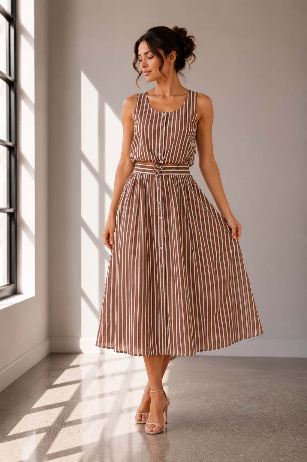 Mocha Stripe Cotton Two-Piece Maxi Skirt Set