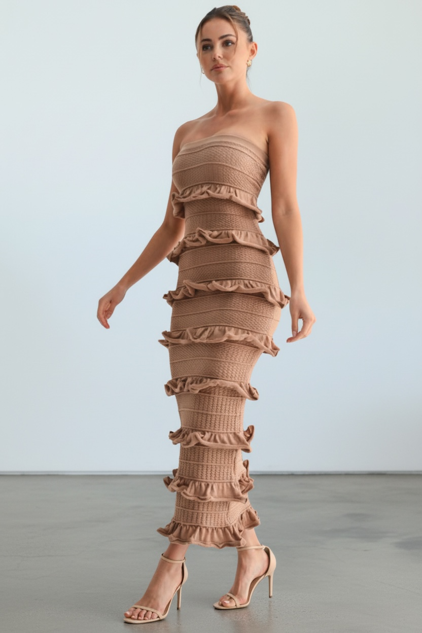 Amara Mocha Strapless Ruffle Knit Midi Dress