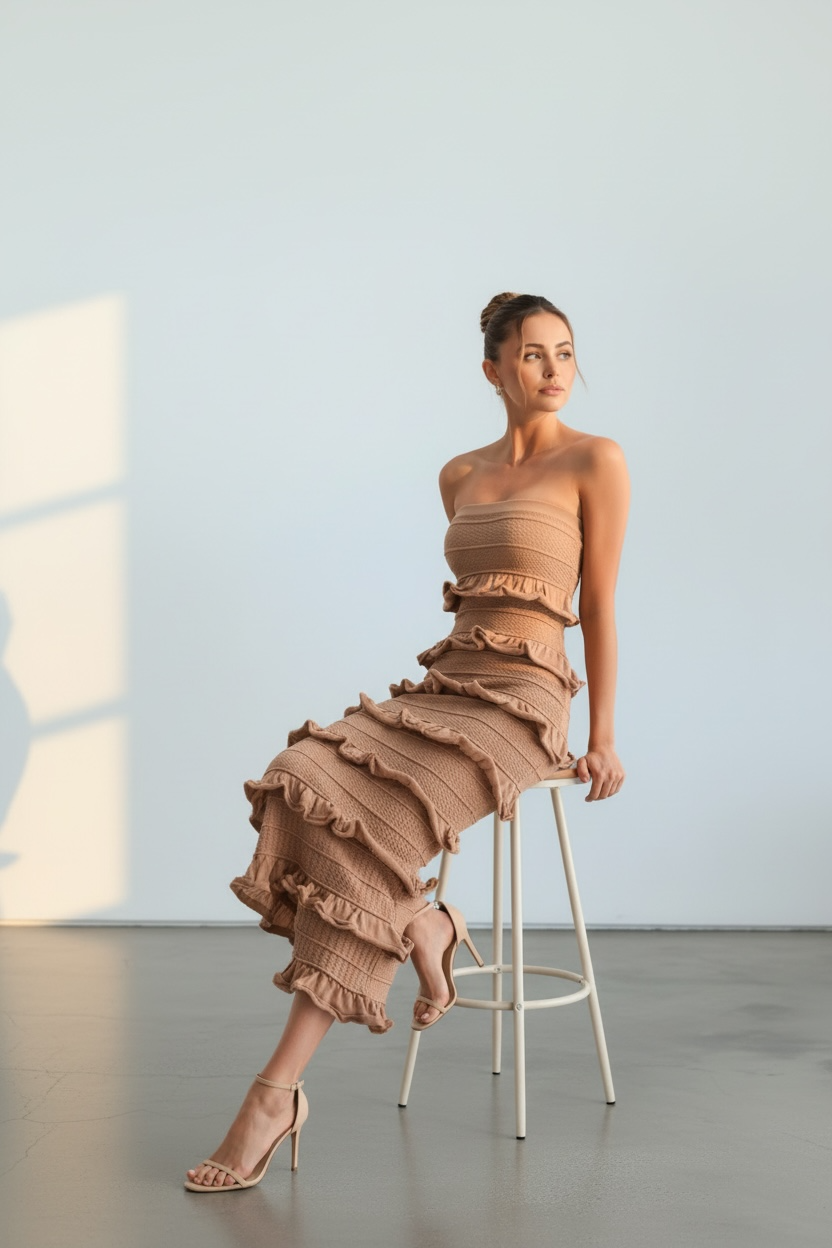 Amara Mocha Strapless Ruffle Knit Midi Dress