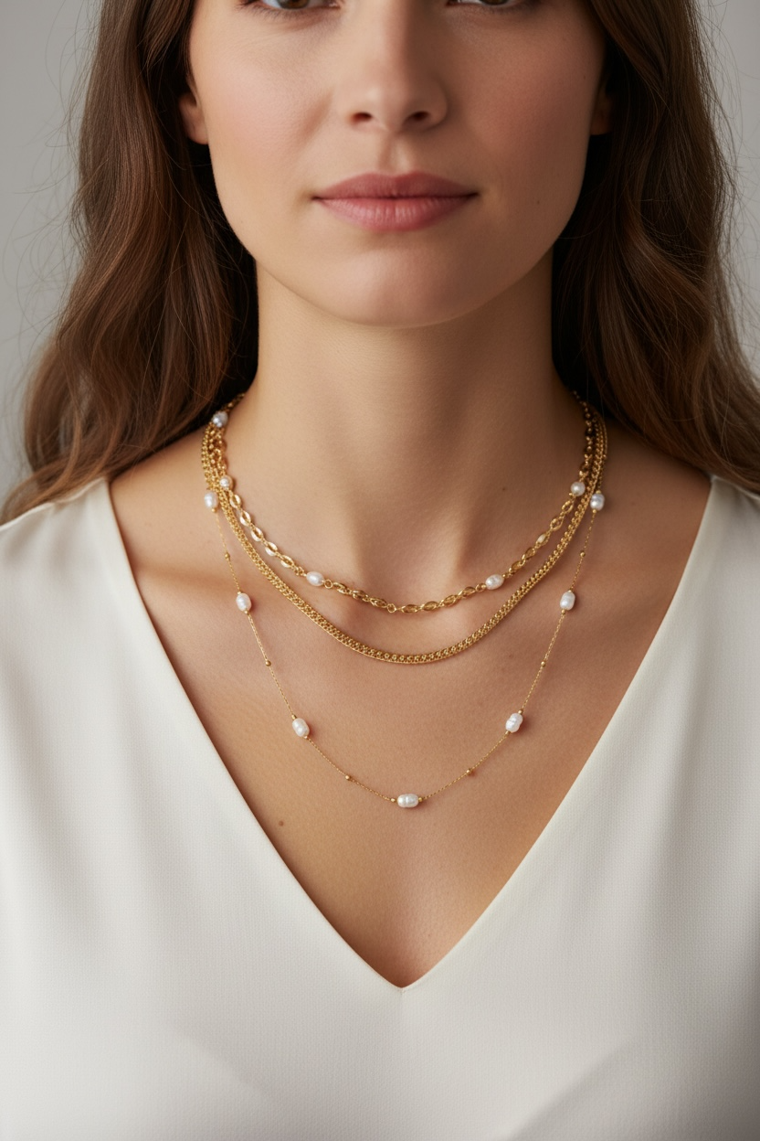 Gold Layered Pearl Chain Necklace