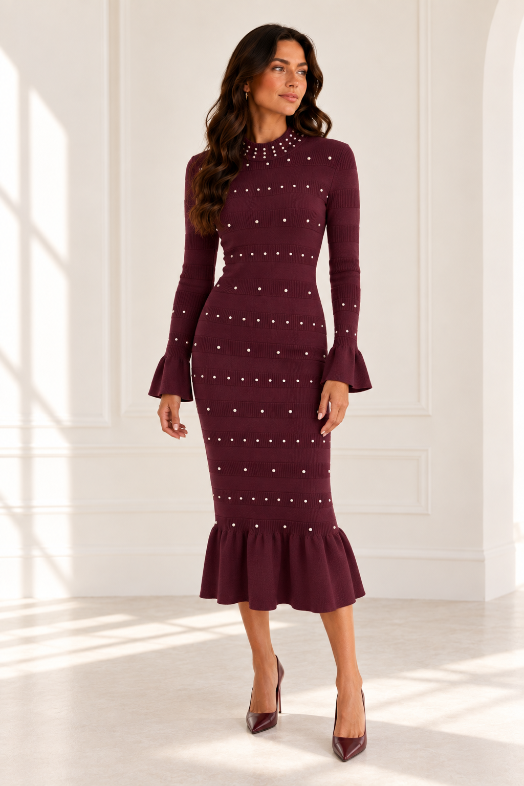 Burgundy Studded Ruffle-Hem Midi Knit Dress