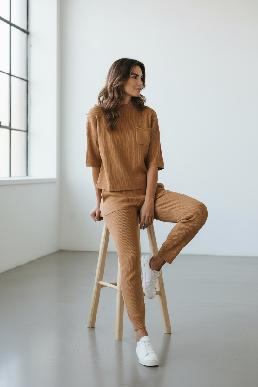 In My Element Knit Short Sleeve Top And Jogger Pants Set in brown