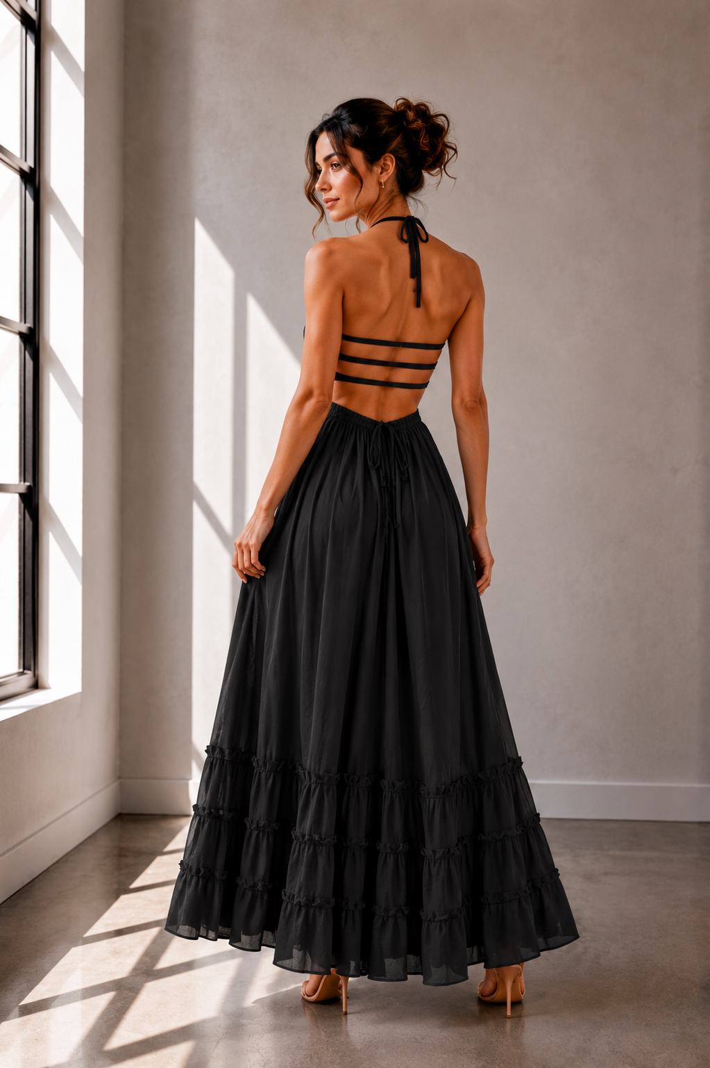 Midnight Muse Maxi Halter Open Back Dress in black