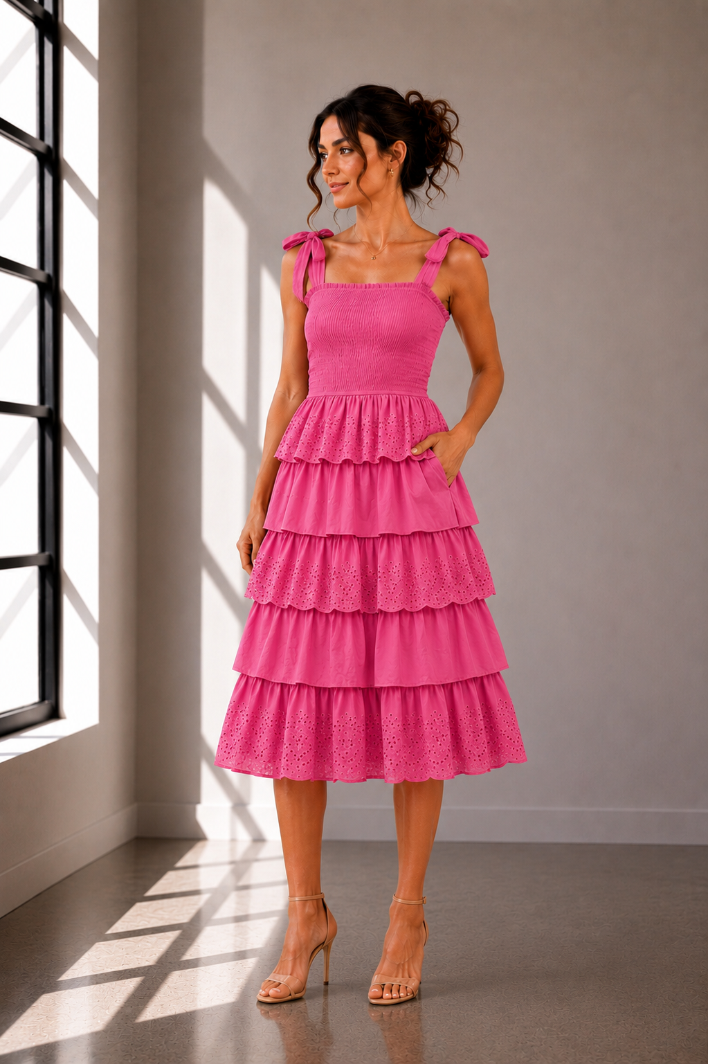 Rosalie Smocked Eyelet Tiered Midi Dress