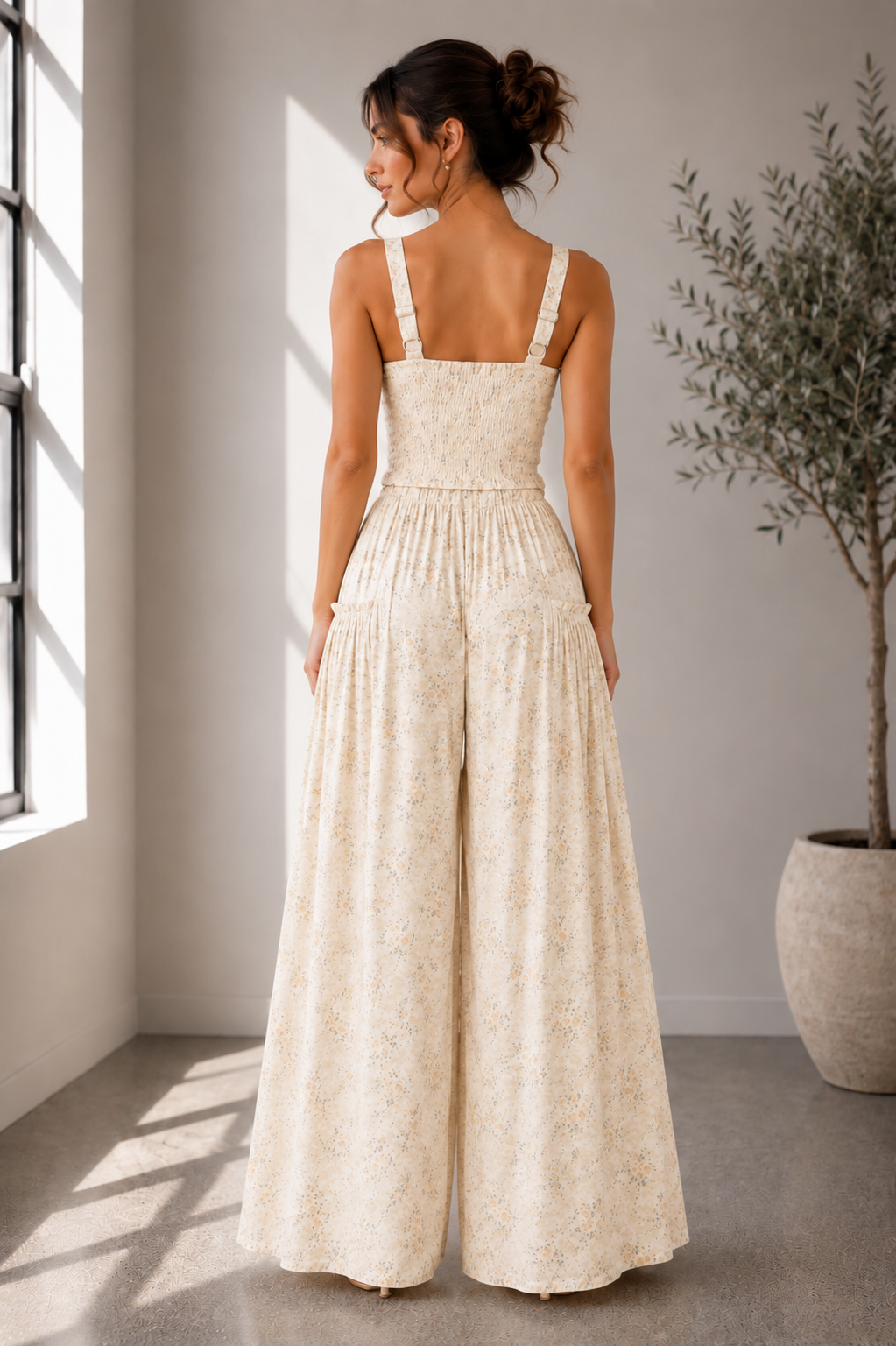 Cream Meadow Floral Wide Leg Two Piece Set