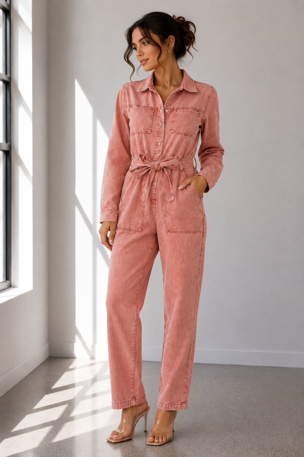 Dusty Rose Washed Denim Utility Jumpsuit
