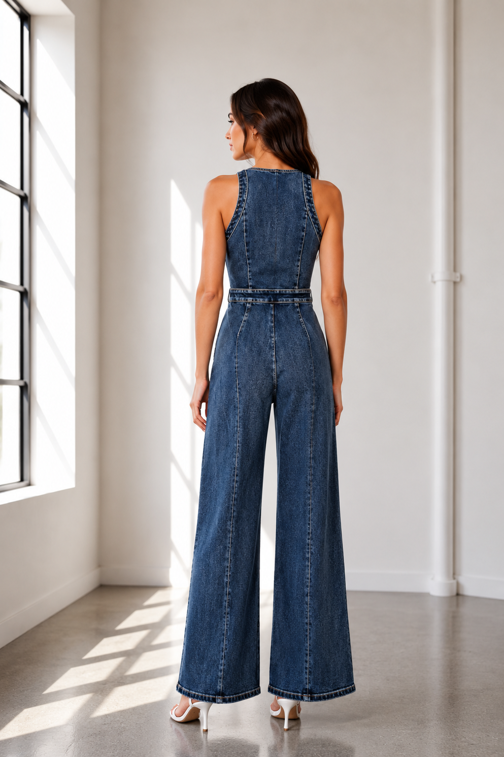 The Riviera Washed Denim Wide Leg V-neck Jumpsuit