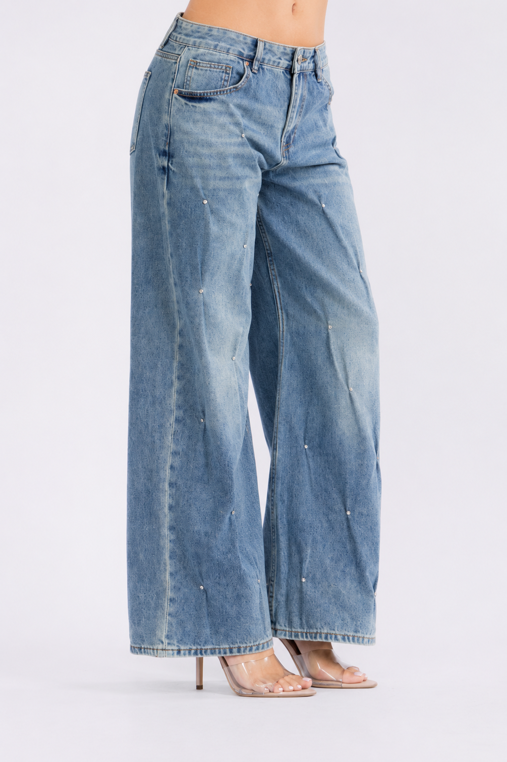 Crystal Stud Wide Leg Denim Jeans