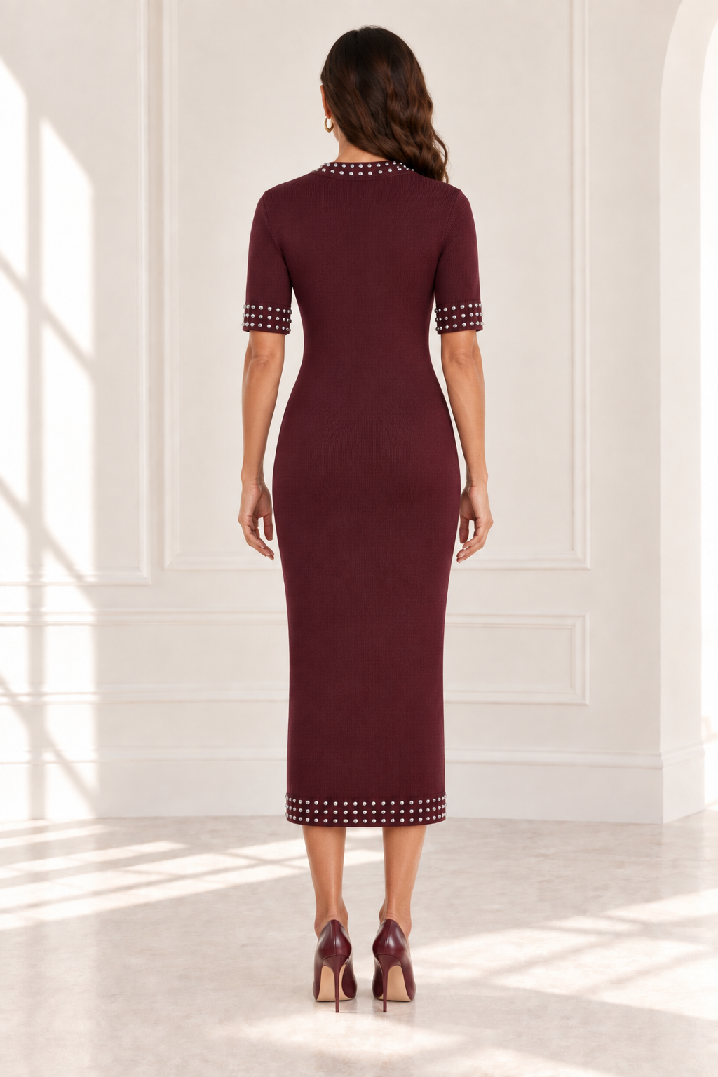 Burgundy Stud-Embellished Short-Sleeve Midi Knit Dress