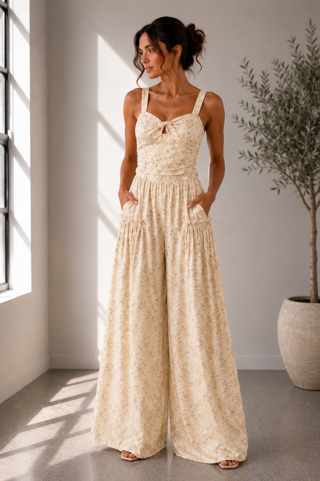 Cream Meadow Floral Wide Leg Two Piece Set