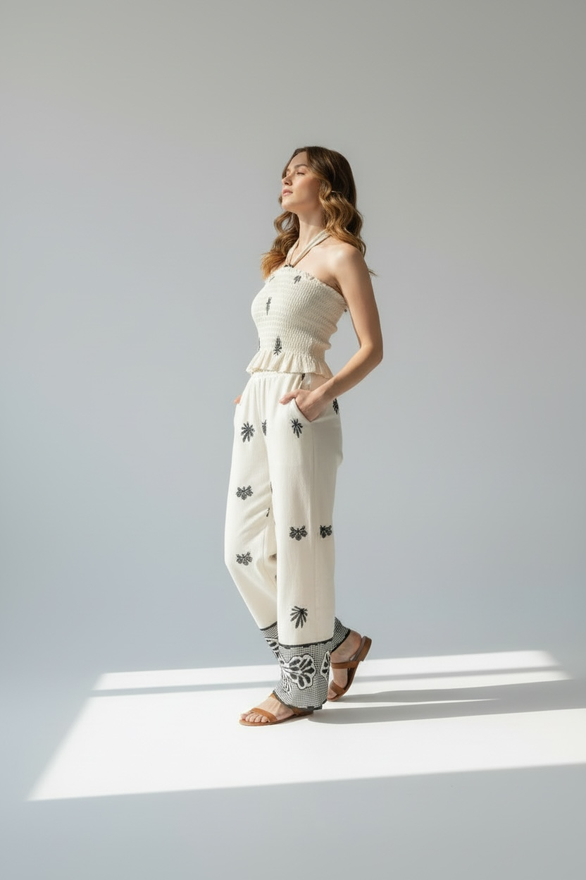 Lana Ivory Embroidered Cotton Smocked Two-Piece Pant Set