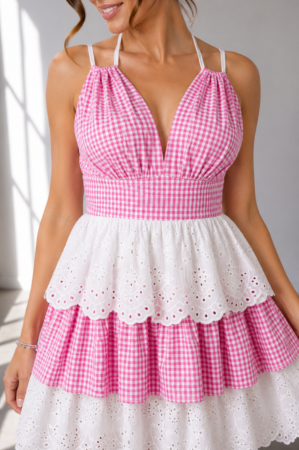 Sweetheart Picnic Tiered Mini Gingham Eyelet Sundress